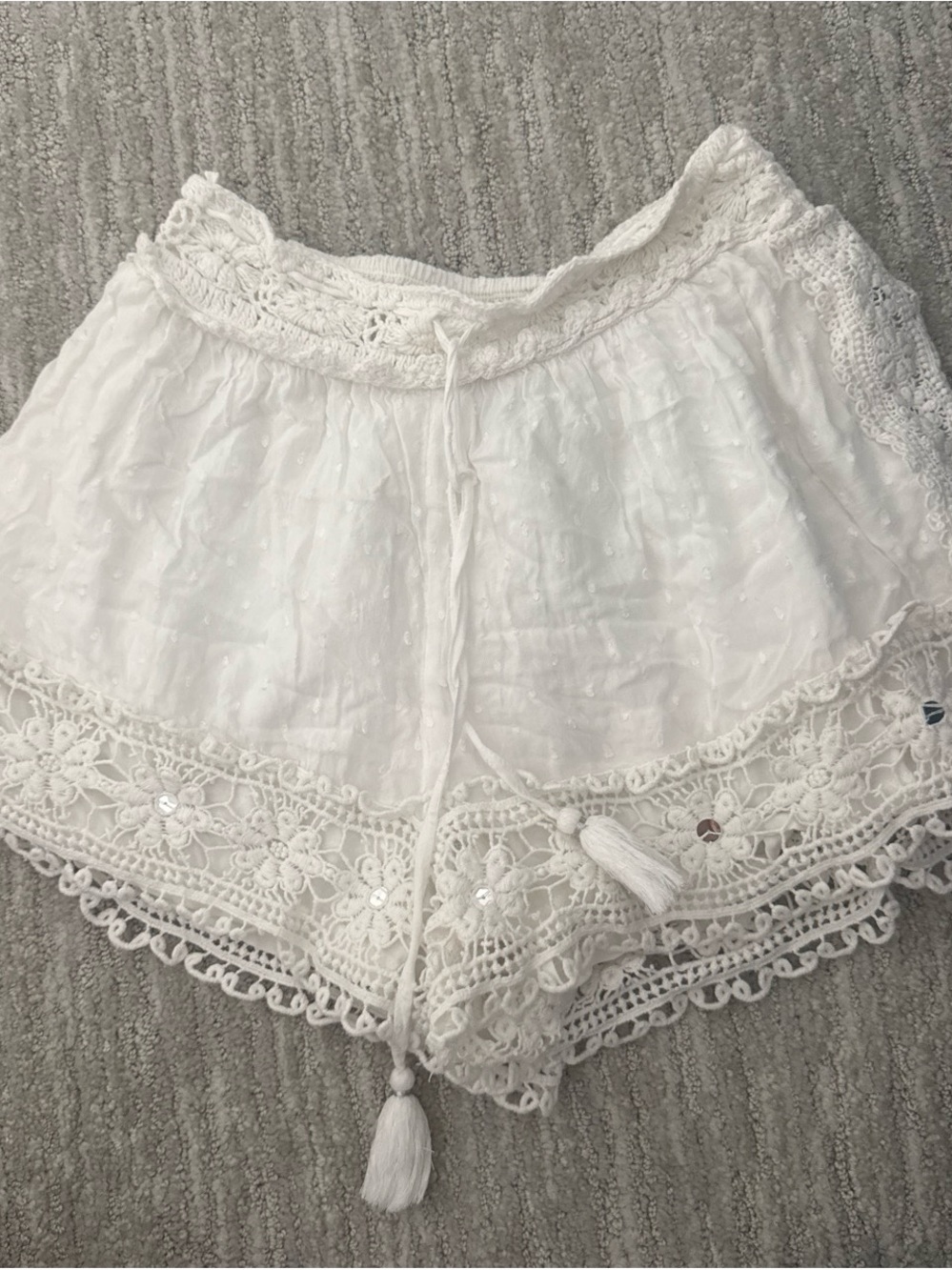 American Eagle Outfitters White Crochet Tassel High-Waist Shorts